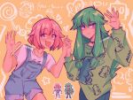  2girls battery_indicator blue_overalls candy closed_mouth dinosaur_print excited food green_hair heart highres holding_hands jacket jester kusanagi_nene light_smile lollipop long_hair long_sleeves looking_at_viewer low_tied_sidelocks multiple_girls ootori_emu open_mouth overalls pink_eyes pink_hair pink_shirt project_sekai robot shirt short_hair short_sleeves shy sidelocks strawberoni tareme twitter_username two_side_up violet_eyes yellow_background yuri 