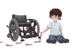  1girl brown_hair child dot_nose elainma footprints highres holding looking_down on_ground original painting_(action) pants red_eyes shirt short_hair simple_background solo t-shirt wheelchair 