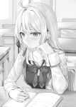  1girl :&lt; absurdres ahoge alisa_mikhailovna_kujou blazer blush book breasts buttons chair classroom closed_mouth collarbone collared_shirt commentary_request desk dress_shirt furrowed_brow greyscale hair_ornament hair_over_shoulder hair_ribbon hand_on_own_cheek hand_on_own_face highres indoors jacket long_hair looking_at_object loose_clothes loose_neck_ribbon loose_shirt medium_breasts momoko_(momopoco) monochrome neck_ribbon novel_illustration official_art open_book parted_bangs pencil pleated_sleeves pout ribbon school_chair school_desk school_uniform shirt sidelocks solo studying swept_bangs tokidoki_bosotto_roshia-go_de_dereru_tonari_no_arya-san writing 