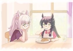  2girls aged_down ahoge animal_ears arm_support bandaid bandaid_on_face bandaid_on_nose biwa_hayahide_(umamusume) black_hair clenched_hand commentary_request curry curtains ear_ornament food food_on_face grey_hair hair_between_eyes horse_ears horse_girl kuzumochi_(kuzumochiya) long_hair multiple_girls narita_brian_(umamusume) ponytail red-framed_eyewear semi-rimless_eyewear smile table umamusume window yellow_eyes 