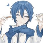  0211nami 1boy blue_eyes blue_hair blue_jacket food heart holding holding_food jacket kaito_(vocaloid) looking_at_viewer male_focus multicolored_clothes multicolored_jacket peanut simple_background solo tongue tongue_out upper_body vocaloid white_background white_jacket 