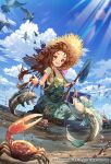  1girl beach beads bird brown_hair bucket clouds dirty dirty_clothes fish fisheye green_eyes hair_beads hair_ornament happy hat highres jewelry kneeling light_rays long_hair mud necklace net open_mouth outdoors overalls romancing_saga_re;universe seashell shell sky smile solo straw_hat water 