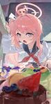  +_+ 1girl ahoge blue_archive blue_sailor_collar blue_skirt blueberry blurry blurry_foreground cake cherry chocolate_tart drooling food foreshortening fruit fruit_tart halo kiwi_(fruit) kiwi_slice long_hair long_sleeves macaron natsu_(blue_archive) neckerchief omurice_(304975636) open_mouth orange_(fruit) orange_slice pink_hair pleated_skirt red_neckerchief sailor_collar school_uniform serafuku shirt side_ponytail skirt strawberry tart_(food) white_shirt 