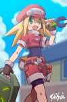 1girl artist_name belt blonde_hair brown_gloves building cabbie_hat clouds commentary_request covered_navel cropped_jacket day fingerless_gloves gloves green_eyes hand_up hat holding holding_wrench jacket long_hair looking_at_viewer mega_man_(series) mega_man_legends open_mouth outdoors red_headwear red_jacket red_shorts roll_caskett_(mega_man) shisui shorts smile solo walking wrench 