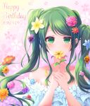  1girl 2021 absurdres blue_flower collarbone d4dj dated dress flower green_eyes green_hair hair_flower hair_ornament happy_birthday highres holding holding_flower long_hair looking_at_viewer off-shoulder_dress off_shoulder pink_flower piyopiyomaru_(piyo8823) purple_flower shimizu_esora solo swept_bangs twintails white_dress yellow_flower 