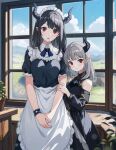  2girls apron arm_hug black_hair blurry blush bokeh bracelet child clouds demon_girl demon_horns depth_of_field detached_sleeves dress fantasy hiding hiding_behind_another hill horizon horns house indoors jewelry long_hair looking_at_viewer maid maid_apron maid_headdress multiple_girls neck_ribbon open_mouth original plant pointy_ears potted_plant red_eyes ribbon sky window yoshitake 