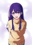  1girl :d amaha_mei anime_coloring arms_behind_back blue_pants blush brown_sweater commentary_request cowboy_shot hair_between_eyes highres hoshino_ai_(oshi_no_ko) long_hair looking_at_viewer oshi_no_ko pants purple_hair smile solo star-shaped_pupils star_(symbol) sweater swept_bangs symbol-shaped_pupils teeth turtleneck turtleneck_sweater upper_teeth_only violet_eyes 