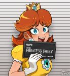  1girl artist_name barbie_mugshot_(meme) blue_eyes brown_hair character_name crown dress earrings freckles gloves highres jewelry mag_(magdraws) medium_hair meme mugshot open_mouth princess_daisy solo super_mario_bros. teeth upper_body upper_teeth_only watermark white_gloves yellow_dress 