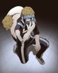  1boy arm_on_thigh black_eyes blonde_hair blue_track_suit blurry boku_no_hero_academia commentary_request covered_face cross-laced_footwear dated_commentary depth_of_field fingernails floor from_above fur-tipped_tail gas_mask grey_footwear hand_on_mask hand_up highres jacket koke_niwatori light looking_at_viewer looking_to_the_side looking_up male_focus mask ojiro_mashirao on_one_knee pale_skin pants shadow short_hair sideways_glance sleeves_past_elbows soft_focus solo tail track_jacket track_pants track_suit u.a._gym_uniform 