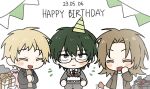 3boys atou_haruki birthday_cake black_eyes black_jacket blonde_hair brown_jacket brown_sweater cake closed_eyes closed_mouth co_tsuu_e collared_shirt colored_eyelashes commentary_request dated english_text food green_hair grey_jacket happy_birthday hat holding holding_cake holding_food jacket korean_commentary light_brown_hair long_sleeves male_focus medium_hair multiple_boys necktie open_clothes open_jacket open_mouth otowa_rui_(saibou_shinkyoku) own_hands_together party_hat red_necktie saibou_shinkyoku sanpaku shinano_eiji shirt short_hair smile sweater turtleneck turtleneck_sweater white_shirt 