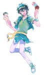  1boy absurdres aqua_eyes blush bow bracelet commentary_request ensemble_stars! facing_viewer full_body green_hair hair_between_eyes heterochromia highres holding_ice_cream itsuki_shu jewelry kagehira_mika necklace open_mouth pants pink_hair shoelaces short_hair simple_background solo teeth upper_teeth_only vest violet_eyes wednesday_108 white_background white_pants wristband yellow_bow yellow_eyes 