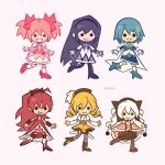  6+girls akemi_homura black_bow blonde_hair blue_footwear blue_hair boots bow cape closed_mouth commentary dress drill_hair english_commentary full_body fur-trimmed_cape fur_trim hair_bow hairband high_ponytail kaname_madoka kirvias_(kirvia) long_hair mahou_shoujo_madoka_magica miki_sayaka momoe_nagisa multiple_girls orange_cape pink_background pink_bow pink_dress pink_hair purple_hair purple_hairband red_footwear redhead sakura_kyouko shirt short_hair simple_background skirt smile solid_circle_eyes tomoe_mami toon_(style) twin_drills twintails two_side_up very_long_hair white_cape white_hair white_shirt yellow_skirt 