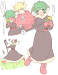  1boy 1girl absurdres animal_ears bakugou_katsuki belt black_coat blonde_hair blush boku_no_hero_academia boots breasts bright_pupils closed_eyes coat commentary flower freckles genderswap genderswap_(mtf) gloves goat_ears goat_girl goat_horns grass green_eyes green_hair highres holding holding_flower holding_staff horns kemonomimi_mode long_sleeves looking_at_another looking_at_viewer midoriya_izuku musical_note official_alternate_costume omikiti2567 open_mouth red_eyes red_footwear red_gloves red_scarf running scarf short_hair simple_background smile speech_bubble staff thought_bubble translation_request white_background white_pupils yellow_flower 