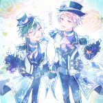  2boys aqua_eyes black_gloves black_pants commentary_request ensemble_stars! floral_background gloves green_hair hat heterochromia highres holding_hands itsuki_shu kagehira_mika lapels looking_at_viewer multiple_boys outstretched_hand pants parted_lips pink_hair short_hair valkyrie_(ensemble_stars!) violet_eyes wednesday_108 yellow_eyes 