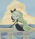  1girl absurdres artist_name asymmetrical_hair black_skin blue_eyes blue_gemstone blue_sky bright_pupils clouds colored_skin commentary day earpiece english_commentary forehead_jewel full_body gem green_hair highres horizon legs legs_together long_hair looking_at_viewer meloetta mixed-language_commentary multicolored_skin ocean on_railing open_mouth outdoors pokemon pokemon_(creature) sazanami_(rsrm1) sidelocks signature sitting sky solo two-tone_skin very_long_hair white_pupils white_skin 