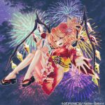  album_cover blonde_hair candy_apple check_commentary commentary commentary_request cover crystal crystal_wings fangs fireworks flandre_scarlet floating floral_print flower_brooch food frilled_kimono frills geta hikitsu_juusou holding holding_food japanese_clothes kimono looking_at_viewer medium_hair night official_alternate_costume official_art one_side_up reaching reaching_towards_viewer red_eyes red_kimono touhou touhou_cannonball wide_sleeves wings yukata 