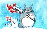  artist_name branch grey_fur highres holding holding_branch looking_at_viewer no_mouth rowan size_difference smile snow snowflakes standing teeth tonari_no_totoro totoro traditional_media vdohnoveter web_address whiskers white_fur winter 