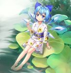  barefoot blue_bow blue_eyes blue_hair blue_sash bow breasts check_commentary cirno commentary commentary_request dango fairy_wings floral_print flower_brooch food forest god_mang hair_bow highres holding holding_food ice ice_wings japanese_clothes kimono lily_pad nature official_alternate_costume sash short_hair small_breasts smile soaking_feet sunflower_print toes touhou touhou_cannonball wagashi white_kimono wings yukata 