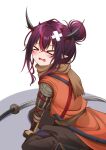  &gt;_&lt; 1girl absurdres alternate_costume armor commentary cosplay crossed_bandaids fangs highres hololive hololive_english horns irys_(hololive) jan_azure japanese_clothes kimono multiple_horns ninja open_mouth orange_kimono pointy_ears redhead sekiro sekiro_(cosplay) solo virtual_youtuber 