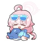  1girl bare_legs blue_archive chibi eyewear_on_head halo hoshino_(blue_archive) hoshino_(swimsuit)_(blue_archive) looking_at_viewer official_alternate_costume pink_hair simple_background solo sunglasses thighs white_background yanggaengwang 