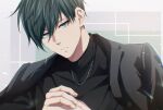 1boy aqua_eyes black_shirt blue_lock closed_mouth commentary_request fingernails green_hair hair_between_eyes highres itoshi_rin jacket jacket_on_shoulders jewelry looking_at_viewer male_focus may_(illust_man_2020) necklace shirt short_hair solo turtleneck 