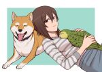  1girl bird breasts brown_eyes brown_hair closed_mouth dog girls_und_panzer large_breasts looking_at_viewer nishizumi_maho parrot shiba_inu short_hair simple_background smile striped striped_sweater sweater torinone 
