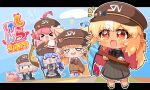  5girls black_footwear black_jacket blonde_hair blush cabbie_hat chibi dark-skinned_female dark_skin dress grey_dress hat hololive hoshimachi_suisei hoshimachi_suisei_(6th_costume) jacket logo long_hair minecraft_pickaxe multiple_girls nokiri omaru_polka pointy_ears sakura_miko shiranui_flare shiranui_flare_(3rd_costume) shiranui_kensetsu shirogane_noel short_dress smile striped striped_dress vertical-striped_dress vertical_stripes virtual_youtuber 