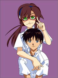  1boy 1girl brown_hair closed_mouth glasses green_eyes hair_ornament hair_over_shoulder hand_on_back headband hug hug_from_behind ikari_shinji long_hair looking_at_viewer makinami_mari_illustrious neon_genesis_evangelion purple_background rebuild_of_evangelion shinji-kakaroth shirt short_hair short_sleeves smile white_shirt 