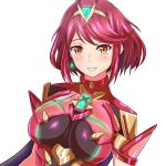  1girl :d breasts chest_jewel circlet earrings glowing grin jewelry large_breasts looking_at_viewer medium_hair pyra_(xenoblade) red_eyes redhead samu_poteto short_sleeves simple_background smile solo swept_bangs teeth upper_body white_background xenoblade_chronicles_(series) xenoblade_chronicles_2 