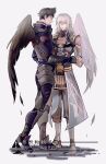  2boys absurdres arm_guards armor black_eyes black_hair black_wings blue_eyes coat feathers full_body highres jin_(xenoblade) male_focus malos_(xenoblade) multiple_boys raininmoradain simple_background single_wing spiky_hair standing white_background white_coat white_hair white_wings wings xenoblade_chronicles_(series) xenoblade_chronicles_2 