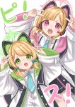  2girls 3znk absurdres animal_ear_headphones animal_ears blonde_hair blue_archive blue_necktie blush bow cat_ear_headphones double_v fake_animal_ears green_bow green_eyes halo headphones highres jacket midori_(blue_archive) momoi_(blue_archive) multiple_girls necktie open_clothes open_jacket open_mouth red_bow school_uniform shirt siblings sisters smile teeth twins upper_teeth_only v white_shirt 