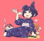  1girl :o afterimage animal_ears arm_support black_eyes black_hair black_kimono blue_kimono bob_cut fanning_face fox_ears fox_girl fox_tail full_body hot japanese_clothes kayari_buta kimono kukuri_(mawaru) mawaru_(mawaru) multiple_tails obi open_mouth original red_background round_teeth sash short_hair simple_background sitting solo sweat tail teeth upper_teeth_only violet_eyes 