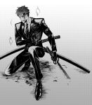  1boy black_gloves black_necktie black_pants black_suit blood blood_on_face broken broken_sword broken_weapon cuts fate/grand_order fate_(series) formal full_body gloves grey_hair hand_on_own_chest highres injury kaoru20102011 katana long_sleeves male_focus monochrome necktie on_one_knee pants saitou_hajime_(fate) sheath sheathed shirt short_hair solo suit sword torn_clothes weapon white_shirt 