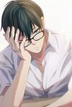  1boy absurdres aqua_eyes black-framed_eyewear blue_lock closed_mouth collared_shirt fingernails glasses green_hair hair_between_eyes highres itoshi_rin male_focus may_(illust_man_2020) one_eye_closed shirt short_hair short_sleeves solo upper_body white_shirt 