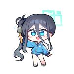  1girl alternate_costume aris_(blue_archive) black_hair blue_archive blue_eyes chibi explosive grenade halo highres holding holding_grenade looking_at_viewer simple_background solo thighs white_background yanggaengwang 