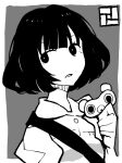  1girl akashi_(yojouhan) bob_cut bright_pupils collared_shirt commentary creature dowman_sayman expressionless greyscale hand_up highres holding holding_creature jpeg_artifacts logo looking_at_viewer looking_to_the_side mochiguman_(yojouhan) mole mole_under_eye monochrome outside_border parted_lips shirt short_hair shoulder_strap simple_background solo upper_body yojouhan_shinwa_taikei 