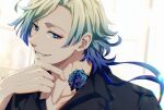  1boy black_shirt blonde_hair blue_eyes blue_hair blue_lock collared_shirt commentary_request flower_tattoo gradient_hair hand_on_own_chin highres long_hair male_focus may_(illust_man_2020) michael_kaiser multicolored_hair neck_tattoo shirt solo tattoo teeth 