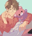  1boy adjusting_eyewear bright_pupils brown_hair closed_mouth commentary_request cool_doji_danshi earphones fingernails glasses heart highres long_sleeves looking_at_viewer male_focus mima_takayuki partial_commentary pink_shirt shirt short_hair solo stuffed_animal stuffed_toy teddy_bear upper_body white_pupils zingai_sanx 