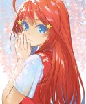  1girl :t blue_eyes closed_mouth from_side go-toubun_no_hanayome hair_between_eyes hair_ornament highres hirokiku long_hair looking_at_viewer nakano_itsuki red_sweater redhead shirt short_sleeves solo star_(symbol) star_hair_ornament straight_hair sweater sweater_vest upper_body very_long_hair white_shirt 