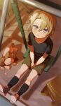  1boy absurdres aged_down bag_removed black_shirt black_socks blonde_hair brown_footwear commentary foot_out_of_frame green_bag green_shorts hair_between_eyes highres looking_at_viewer looking_up luca_kaneshiro male_child male_focus nijisanji nijisanji_en parted_lips playground salty_gana shirt shoes short_sidetail short_sleeves shorts sitting socks solo stuffed_animal stuffed_lion stuffed_toy swing swing_set t-shirt violet_eyes virtual_youtuber 