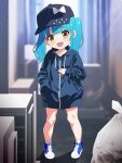  1girl baseball_cap blue_footwear blue_hair blue_headwear blue_jacket brown_eyes fang full_body hand_in_pocket hat hemonemo indoors jacket long_hair looking_at_viewer no_pants open_mouth original shoes smile solo twintails 