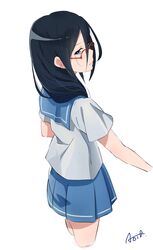  1girl aoi_bara black_hair blue_eyes blue_sailor_collar blue_skirt closed_mouth commentary_request cowboy_shot cropped_legs from_side glasses hair_between_eyes hair_over_shoulder hibike!_euphonium highres light_frown looknig_back over-rim_eyewear pleated_skirt red-framed_eyewear sailor_collar school_uniform semi-rimless_eyewear serafuku short_sleeves simple_background single_stripe skirt solo striped tanaka_asuka white_background white_serafuku 