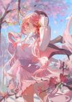  1girl bag black_headwear blinklikeer blue_sky blurry blurry_background blurry_foreground cherry_blossoms cherry_hair_ornament cherry_tree commentary cowboy_shot day falling_petals food-themed_hair_ornament hair_ornament hand_up handbag hat hatsune_miku highres holding holding_bag jacket jacket_on_shoulders light_blush long_hair looking_at_viewer outdoors parted_lips petals pink_eyes pink_hair pink_skirt pleated_skirt sakura_miku sakura_miku_(rella) shirt skirt sky smile solo symbol-only_commentary twintails very_long_hair vocaloid white_shirt wind wind_lift 