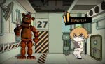  ! !! 1boy air_conditioner air_vent animal_ears bear_ears caution_tape chibi clipboard colored_skin crying crying_with_eyes_open door english_commentary english_text five_nights_at_freddy&#039;s freddy_fazbear full_body furrowed_brow game_screenshot_background gameplay_mechanics hair_between_eyes hat head_tilt holding holding_clipboard holding_microphone indoors industrial_pipe limbus_company lobotomy_corporation male_focus microphone mini_hat official_art_inset open_mouth orange_hair porthole project_moon robot scared short_hair sinclair_(limbus_company) solo sweat sweating_profusely tears top_hat trembling wavy_mouth white_skin zygyzy_031 