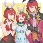  1boy 2girls :d animal_ears bare_shoulders black_gloves brother_and_sister cloak dress ebinku fake_animal_ears fire_emblem fire_emblem:_mystery_of_the_emblem fire_emblem_heroes gloves grin hat highres leotard long_sleeves looking_at_another maria_(fire_emblem) maria_(spring)_(fire_emblem) medium_hair michalis_(fire_emblem) michalis_(spring)_(fire_emblem) minerva_(fire_emblem) minerva_(spring)_(fire_emblem) mini_hat multiple_girls neckerchief official_alternate_costume open_mouth puffy_short_sleeves puffy_sleeves rabbit_ears red_eyes redhead short_hair short_sleeves siblings sisters smile upper_body white_gloves yellow_background 