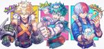  3boys :d ^_^ bakugou_katsuki bare_shoulders belt belt_pouch black_shirt blonde_hair blue_background blue_eyes blue_jacket blush boku_no_hero_academia bracer burn_scar cat character_request clenched_hands closed_eyes collared_jacket commentary detached_sleeves elbow_gloves explosive fire food freckles gauntlets gloves green_eyes green_gloves green_hair green_jumpsuit grenade grey_eyes grey_hair hair_between_eyes hand_up hands_up heterochromia high_collar highres jacket jumpsuit looking_at_another male_focus marshmallow mecyo_(mamezurushiki) midoriya_izuku multicolored_hair multiple_boys notice_lines on_head on_shoulder open_mouth outstretched_arm outstretched_hand parted_lips pectorals pink_background pouch rabbit red_belt red_eyes redhead roasted_marshmallow round_teeth scar scar_on_face shirt short_hair simple_background sleeveless sleeveless_shirt sleeves_past_elbows sleeves_rolled_up smile snowflakes sound_effects sparkle spiky_hair split-color_hair symbol-only_commentary teeth todoroki_shouto two-tone_hair v-shaped_eyebrows white_background white_gloves yellow_background 