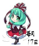  1girl black_footwear closed_mouth commentary cross-laced_clothes dress front_ponytail full_body green_eyes green_hair hair_ribbon itani_illust kagiyama_hina long_hair looking_at_viewer red_dress red_ribbon ribbon simple_background smile solo touhou white_background 