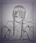  1girl braid closed_mouth greyscale kotoyama long_hair looking_at_viewer monochrome original smile solo traditional_media twin_braids 