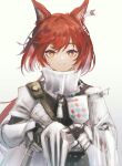  1girl absurdres aiv animal_ear_fluff animal_ears arknights black_jacket brown_background closed_mouth commentary_request flametail_(arknights) gauntlets gorget hair_between_eyes highres holding jacket long_hair red_eyes redhead simple_background smile solo upper_body very_long_hair 