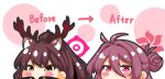  absurdres animal_ears antlers arrow_(symbol) before_and_after blue_archive blush brown_eyes brown_hair character_request chibi closed_mouth hair_between_eyes halo high_ponytail highres kurukurumagical ponytail purple_hair violet_eyes white_background 